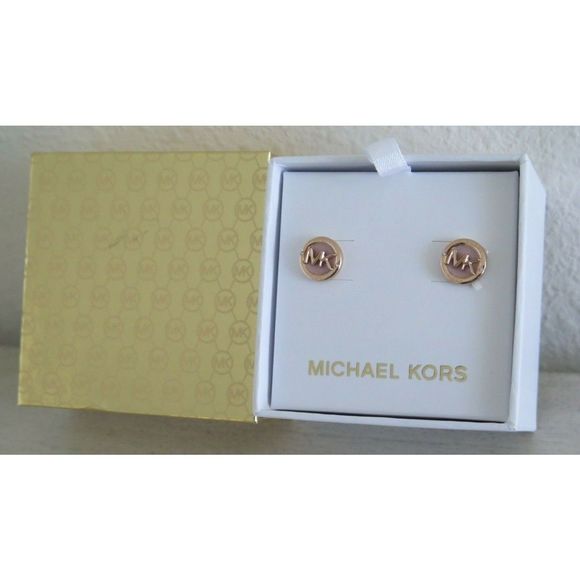 Michael Kors Rose Gold Tone Signature Logo Crystal Stud Earrings - Picture 1 of 5